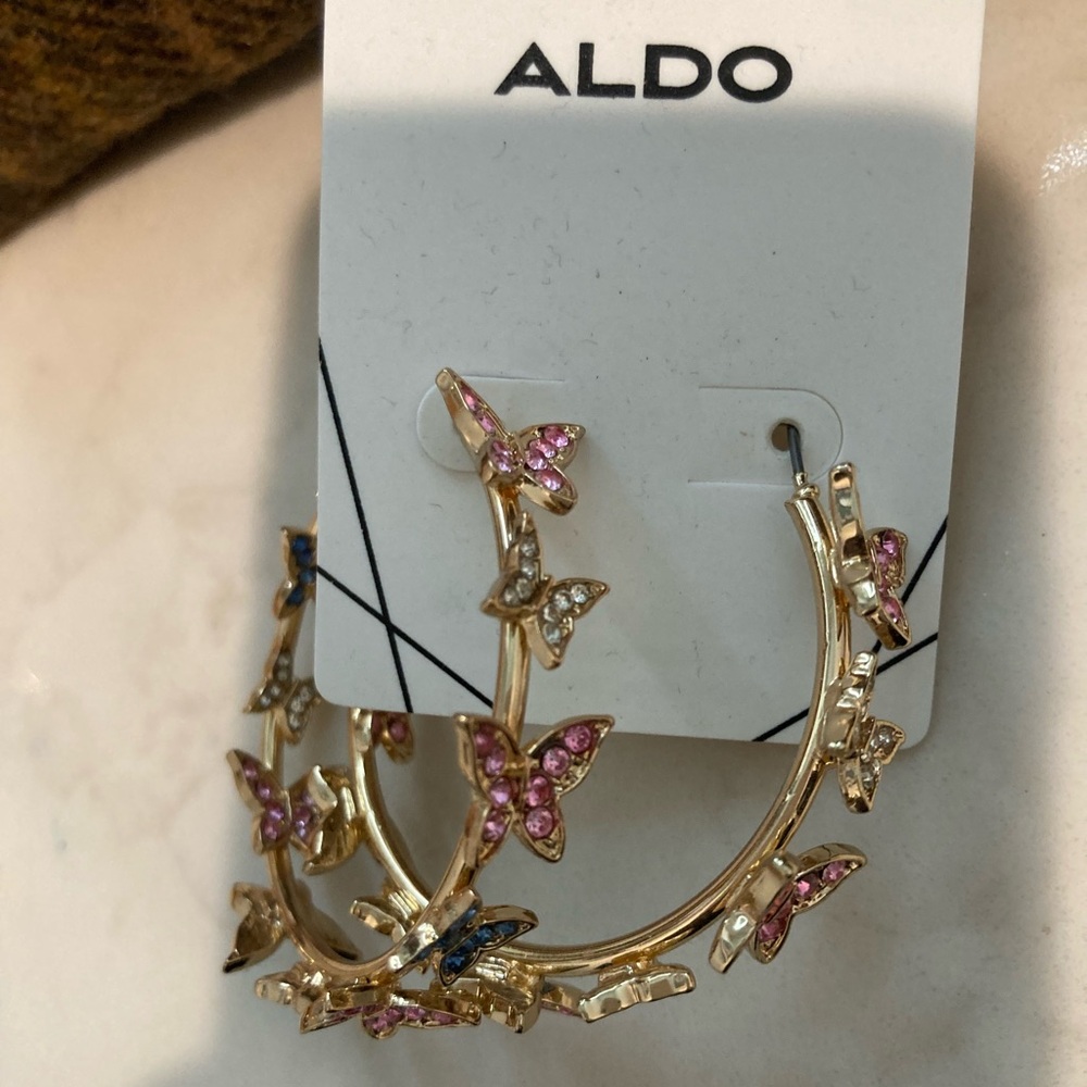 ALDO Gold Hoop Earrings with Pink and Silver Butterflies